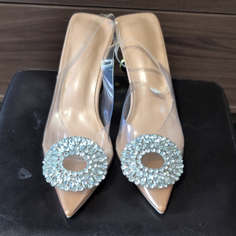 Nude Crystal-Embellished Pointed Toe Slingback Heels - Picture 2 of 7